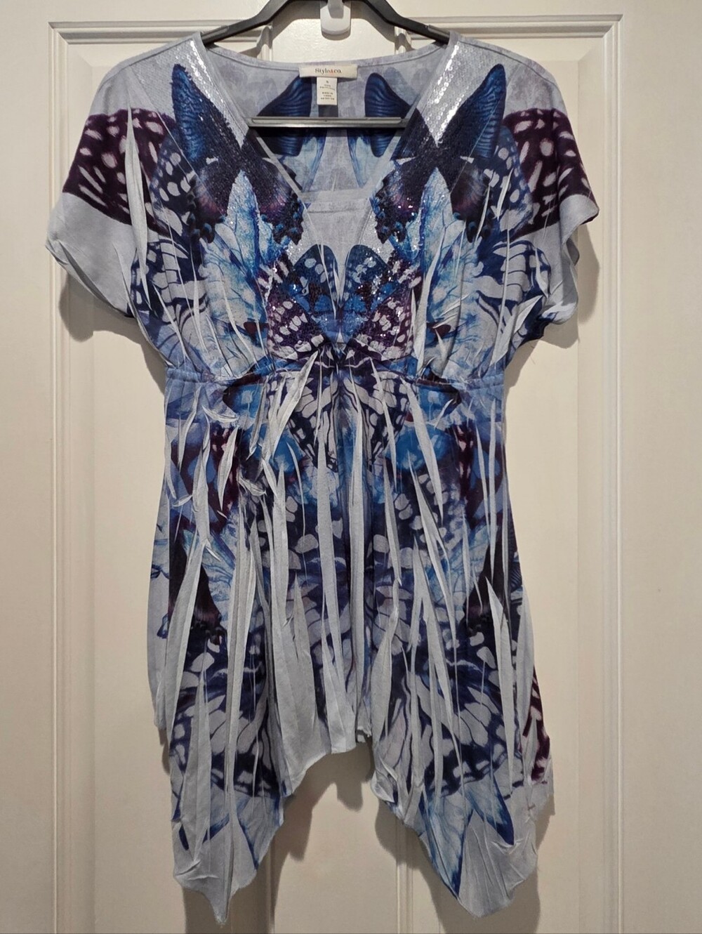 Vintage Y2k Butterfly Sequin Hankerchief Hem Tunic Top Women's Small